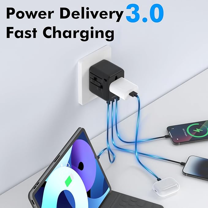 Universal Travel Adapter w/USB Ports, GaN All in One Worldwide Plug Adapter, International Power Converter for All Devices, Wall Charger AC Power Type C Charging Ports for USA EU UK AUS