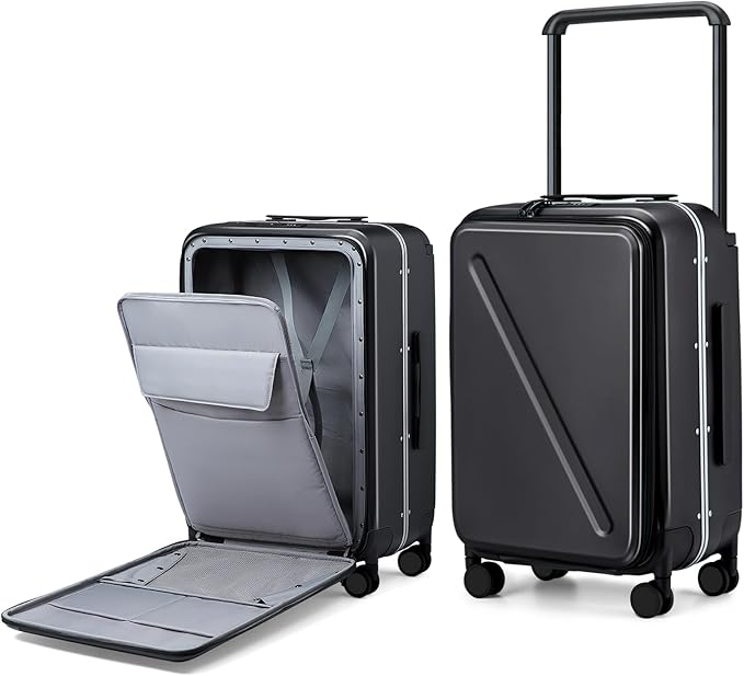 MILADA Wide Handle Luggage with Front Pocket Hardshell Aluminium Check In Suitcase with Wheels Medium 24 Inch Front Opening Checked Luggage with Spinner Wheels TSA Lock Airline Approved Luggage, Black