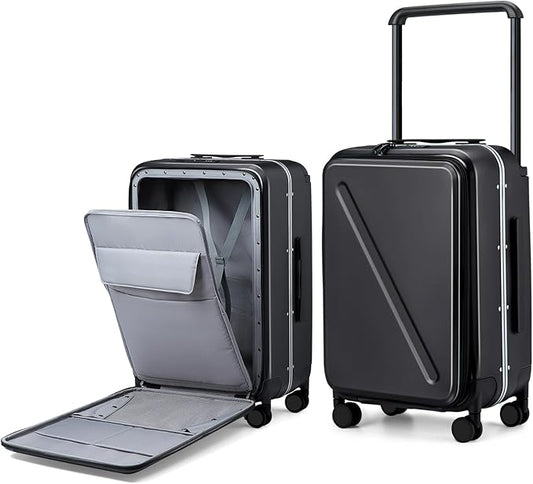 MILADA Wide Handle Luggage with Front Pocket Hardshell Aluminium Check In Suitcase with Wheels Medium 24 Inch Front Opening Checked Luggage with Spinner Wheels TSA Lock Airline Approved Luggage, Black