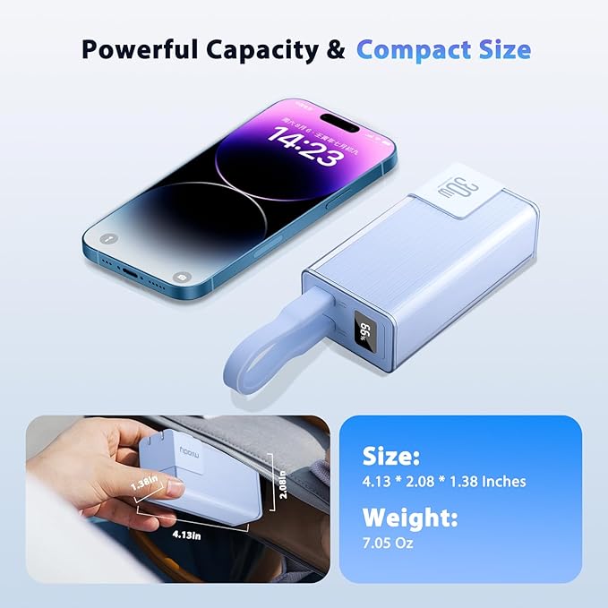 Miady Portable Charger Built-in Foldable Wall Plug, PD 30W 10000mAh Compact Power Bank has USB-C Cable&LED Display, Travel Essential Battery Pack Compatible with iPhone Galaxy SmartPhones (Cream Blue)