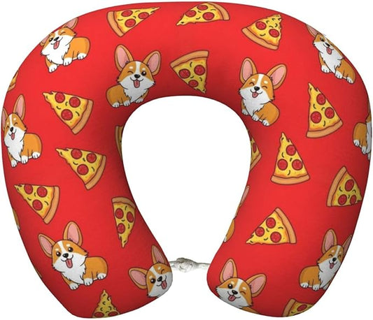 Neck Pillow Memory Foam Travel Pillows Comfortable for Airplane Flight Car Travel Office Nap and Sleeping, Funny Cushion for Head Shoulder Corgi Junk Food Cute Dogs Pizzas