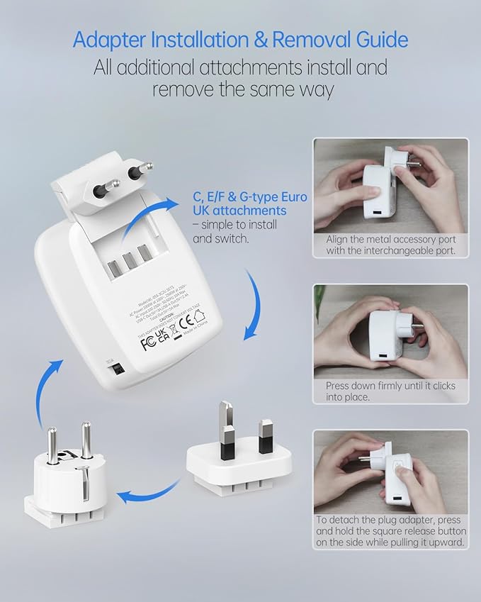 BEONDON European Travel Adapter Kit with Detachable Plugs (C/E/F/G) for UK, France, Germany, Italy, Spain & More - 2 US Outlets & 5 USB Ports (3 USB C) - Multi-Device Charger
