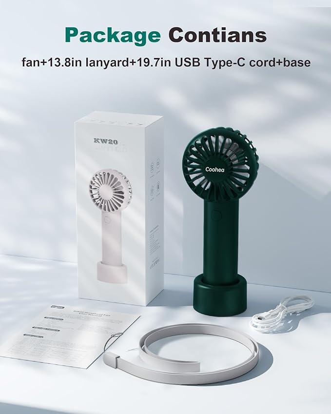 Coohea Mini Handheld Fan, Small Cute Design, 3 Powerful Speeds, USB Rechargeable Battery Operated, Personal Portable Fan with Base & Lanyard, for Eyelash Makeup Travel Beach Office Desk, Dark Green