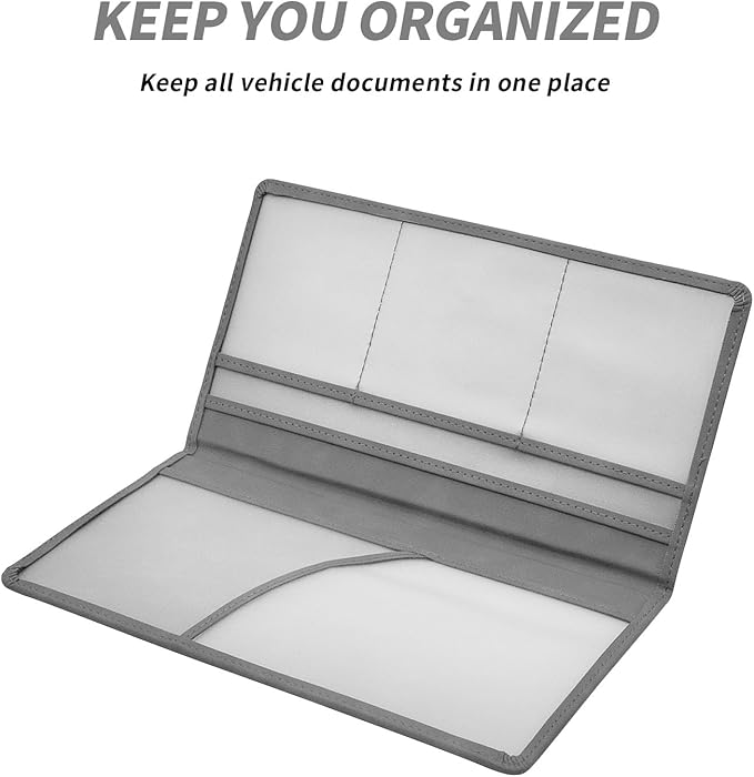 Car Registration and Insurance Card Holder - Vehicle Glove Box Document Organizer - Premium PU Leather Wallet Case - Driver License - Gray