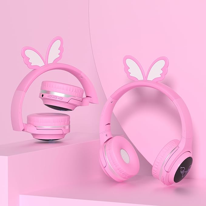 Kids Wireless Headphones with 7-Color RGB LED Lights, Long Playtime, Ultra-Soft Over-Ear for School Travel, Pink Butterfly Wings