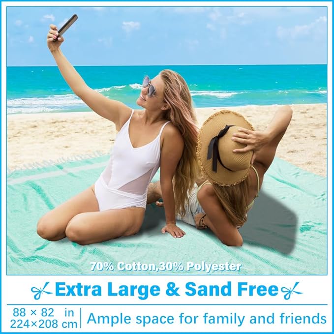 Oversized Turkish Beach Towel Blanket XXL Cotton Sandproof Towels Boho Woven Extra Large Big Sand Free Giant Throw Blankets Huge Quilt XL Picnic Camping Necessities Cloud For Adult Gifts Aqua