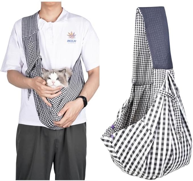 CYBERNOVA Small Pet Dog Cat Sling Carrier for 3-15lbs, with Pocket,Hand-Free Pet Bag Dog Cat Puppy Carry Bag for Travel and Walking Outdoor (Black and White Grid)