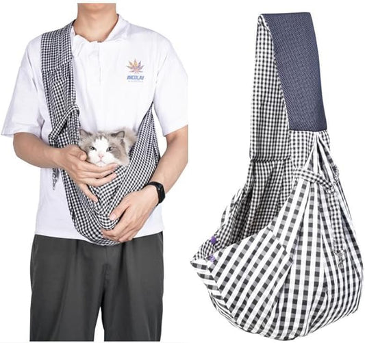 CYBERNOVA Small Pet Dog Cat Sling Carrier for 3-15lbs, with Pocket,Hand-Free Pet Bag Dog Cat Puppy Carry Bag for Travel and Walking Outdoor (Black and White Grid)