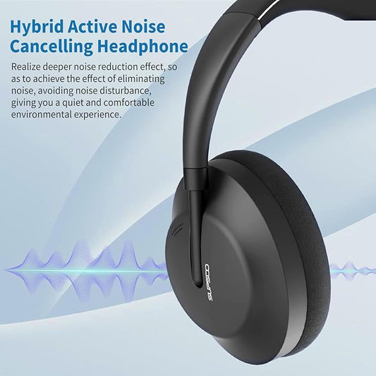 Wireless Bluetooth Headphones Active Noise Cancelling Over-Ear Headphones with Microphone for Cellphone/Laptop/Computer (Black)