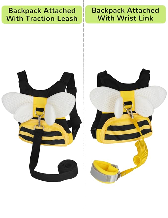 Toddler Harness with Anti Lost Wrist Link - 3-in-1 Baby Safety Leash Backpack, Adjustable Kids Walking Belt with Pocket,Child Locking Wristband for Boys & Girls for Outdoor Travel, Yellow Bee