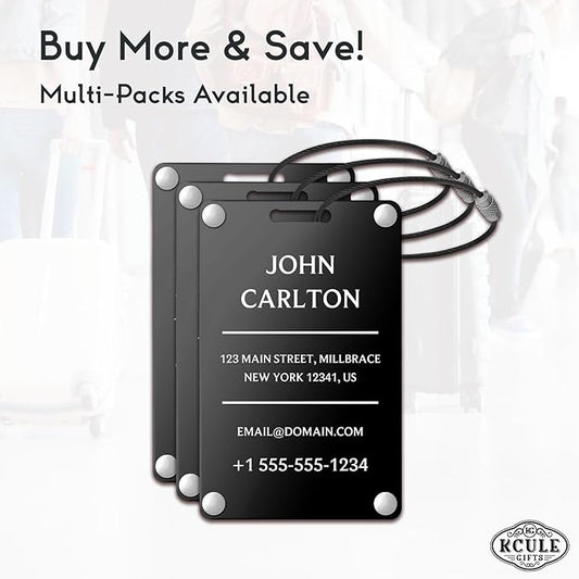 Personalized Luggage Tags for Suitcases - Aluminum Custom Luggage Tags for Backpacks & Bags, Sturdy, Waterproof & Heavy Duty (Black/Card-Sized)