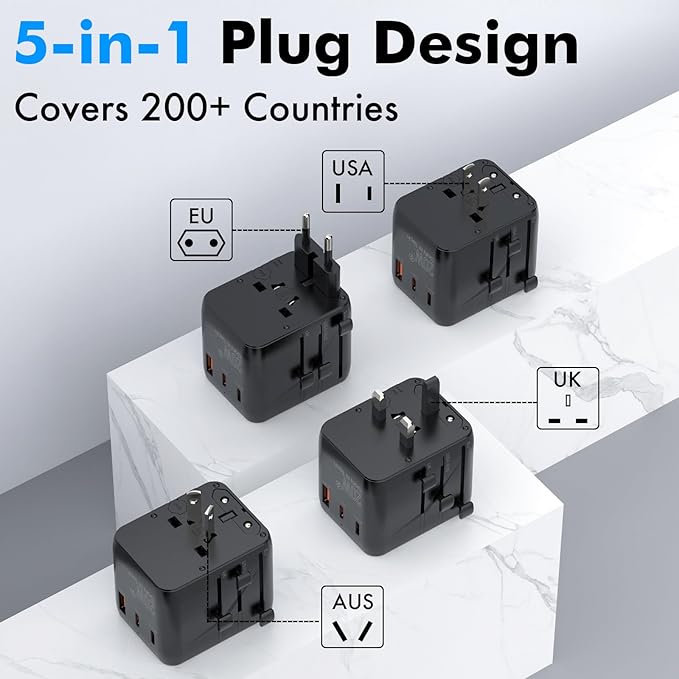 Universal Travel Adapter w/USB Ports, GaN All in One Worldwide Plug Adapter, International Power Converter for All Devices, Wall Charger AC Power Type C Charging Ports for USA EU UK AUS