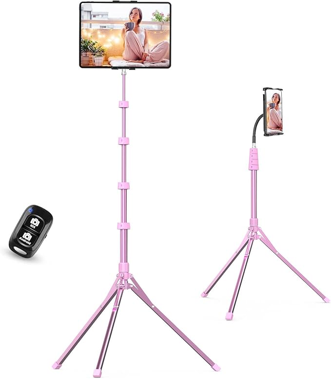 Aureday Adjustable Tripod Stand, 67” Height, Tablet Holder for iPad mini/Air/Pro, Kindle, Switch, Smartphones, 4.7”-12.9” Devices, Pink
