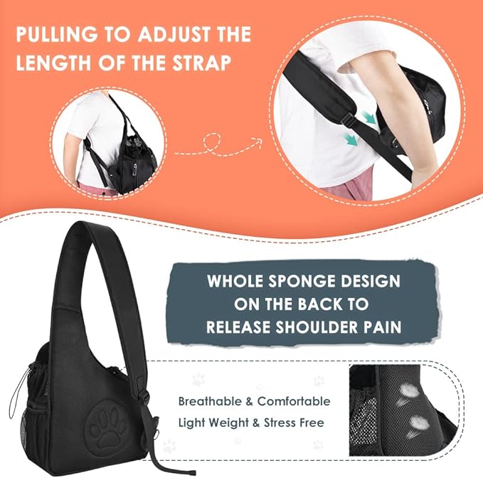 SlowTon Pet Dog Sling Carrier, Hands Free Hard Bottom Papoose Small Animal Puppy Up to 11 lbs Travel Bag Tote Breathable Mesh Support Adjustable Padded Strap Pocket Safety Belt Machine Washable