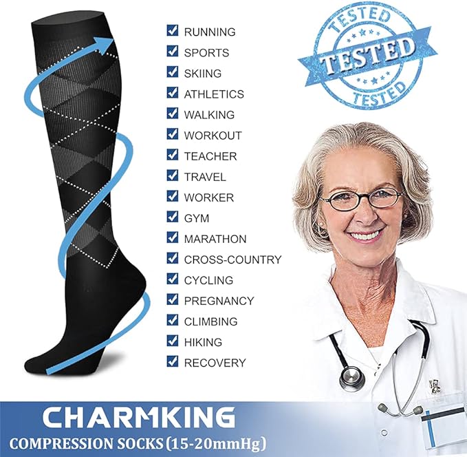 CHARMKING Compression Socks for Women & Men Circulation (8 Pairs) 15-20 mmHg is Best Support for Athletic Running,Cycling