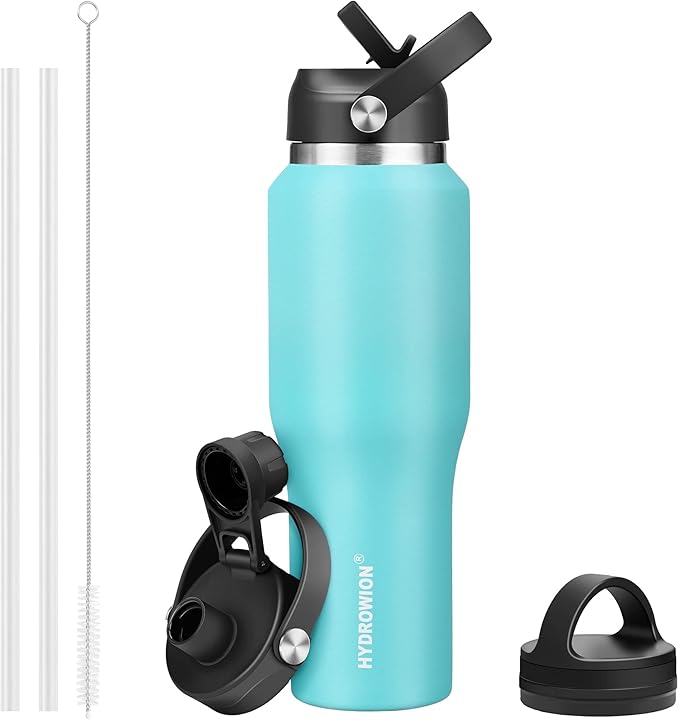 HYDROWION 32oz Stainless Steel Water Bottle(Cold for 48 Hrs, Hot for 24 Hrs), Double Wall Vacuum Insulated Water Bottle with Straw Lid, Spout Lid and Flex Cap, Fit in Any Car Cup Holder, Mint