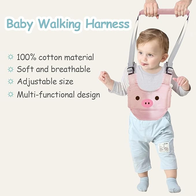 Baby Walking Harness Handheld Baby Walker Assistant Belt Adjustable Toddler Infant Walker Harnesses Standing Up Walking Learning Helper with Detachable Crotch for 9-24 Month (Pink Pig)