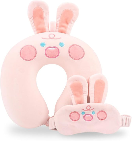 Travel Pillow, Kids Travel Pillow with Sleep Eye Mask Soft Memory Foam Kids Neck Pillow for Boys & Girls, Travel Accessories for Car Airplane Traveling - Screaming Rabbit
