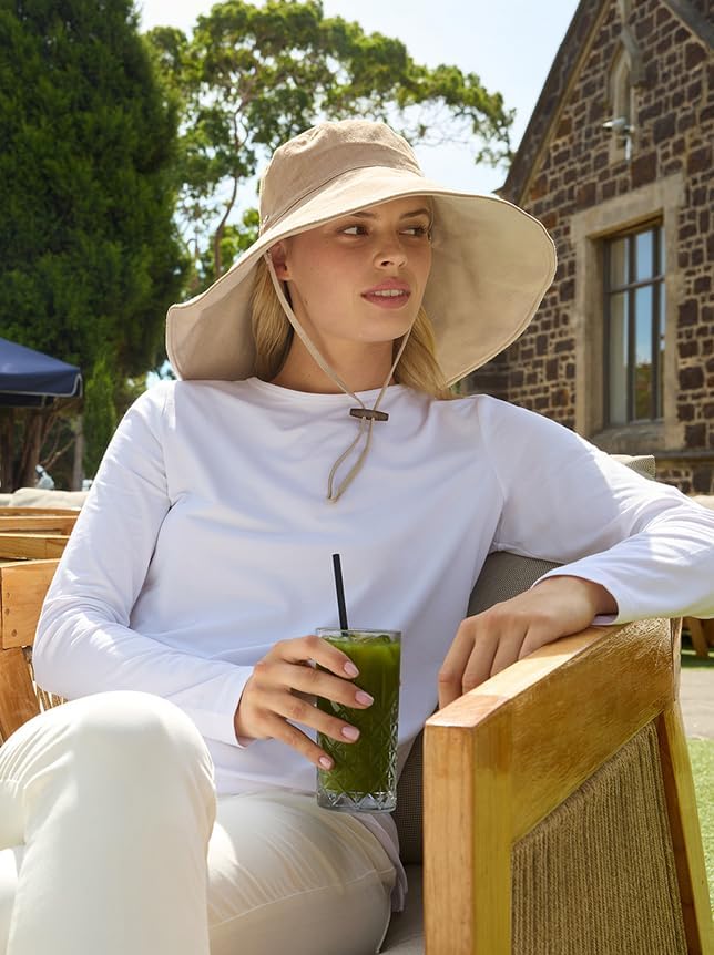 Solbari Women’s Ultra-Wide Cotton Linen Sun Hat UPF 50+, Packable, Adjustable with Ponytail Hole for Travel, Beach & Outdoors