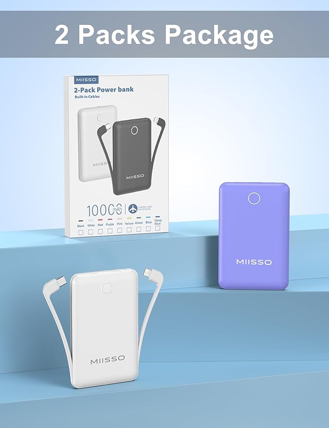 10000mAh Mini Portable Charger with Built in Cable, Pocket Size Power Bank Travel External Battery Pack for Phone, 3 Output USB Type C Cord Clutch Compatible with iPhone, Samsung,2 Pack Purple & White
