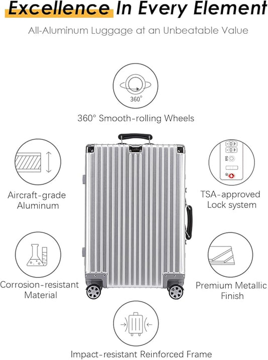 HotWay 28 Inch All Aluminum Checked in Luggage with Leather Handle, Hard Shell Zipperless Suitcase with TSA Locks and Spinner Wheels, Large Luggage for Business Travel, Blue