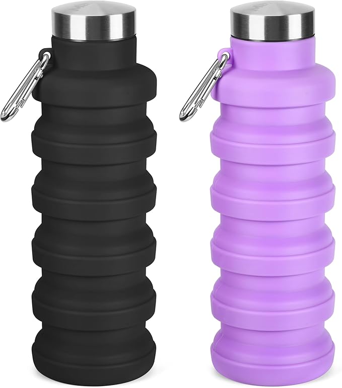 Collapsible Water Bottle, 16oz Portable Reusable Silicone Water Bottle, BPA-Free Leak-Proof Foldable Design with Carabiner, Lightweight Durable for Gym, Travel, Camping, Hiking, Sports(Black+ Purple)