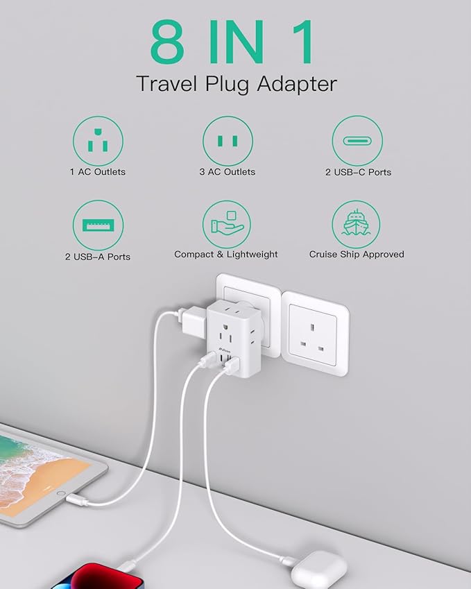 2 Pack US to UK Ireland Travel Plug Adapter, Type G Plug Adapter with 4 Outlets 4 USB Ports (2 USB C), UK Power Adapter for USA to London England Scotland British Kenya Qatar Hongkong