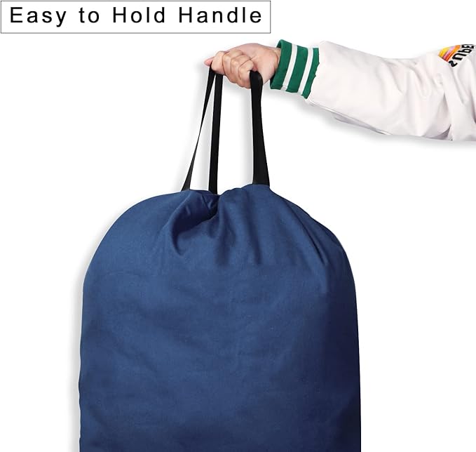 Cotton Canvas Laundry Bag with Handles & Drawstring Straps, Heavy Duty Extra Large Laundry Bags for Laundromat and Household, 25.5x34 Inch, Navy Blue