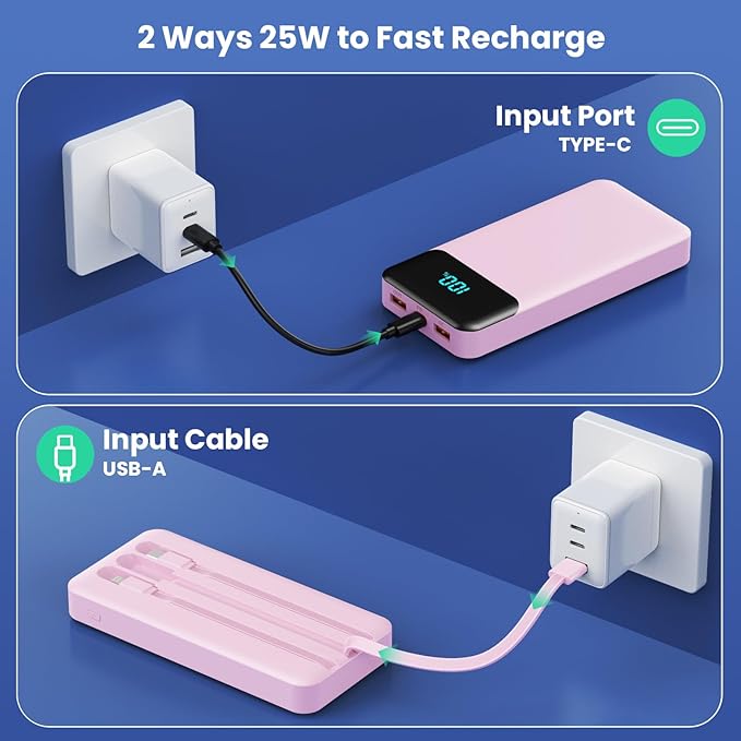 Portable Charger 40800mAh with 3 Built-in Cable,PD 25W USB C in&Out Power Bank Fast Phone Charging,QC4.0 LED Display 5 Output External Battery Pack Compatible with iPhone 17/16,Samsung Android-Peach