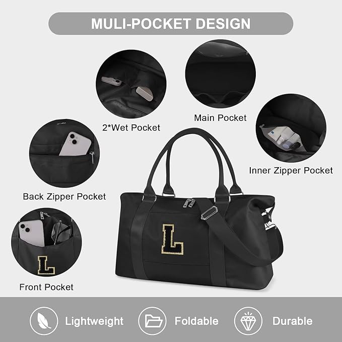 Dance Gym Duffel Bag for Teen Girls, Personalized Initial Travel Weekender Bag,Cute Overnight Carry On Duffle for Women,Sports Travel Cheer Bag,Monogram Christmas Gifts for Tween Preppy(black-L)