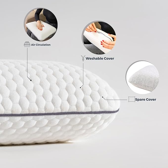 Memory Foam Travel Pillow with Washable Cover & Carry Bag – Compact, Soft & Breathable Neck Pillow for Airplane, Camping & Car (White- with Extra Gray Cotton Cover, 15.7x9.8x3.9 inches)