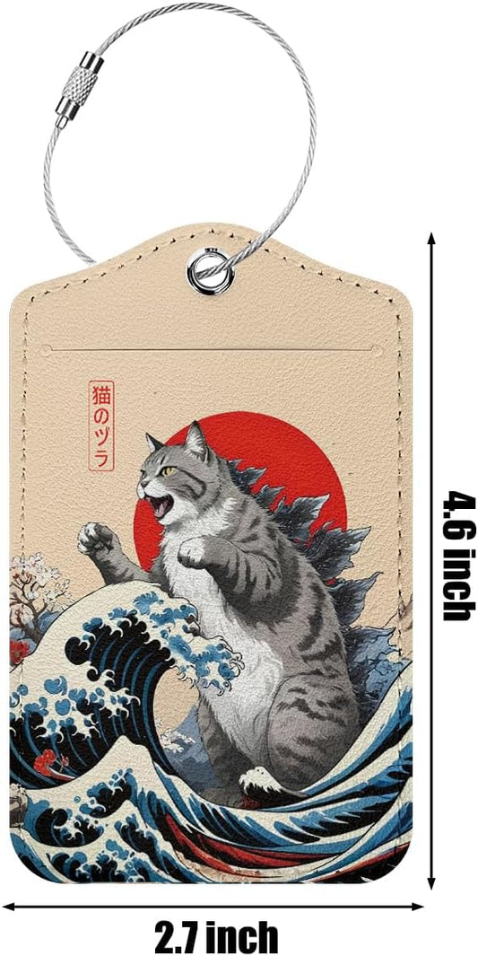 Funny Japanese Cat Luggage Tag, Suitcase Tags with Privacy Flap and Metal Loop, Luggage Tags for Suitcases, Identifiers Travel Essentials Bag Tag, Cat Lovers Gifts for Women Girls Friends