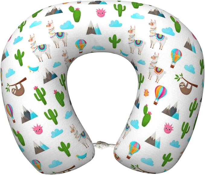 Travel Neck Pillows for Sleeping Rest Car Airplanes Sloth Llamas Cactus Pattern White, Memory Foam with Removable Breathable Zipper Cover Washable for Men Women