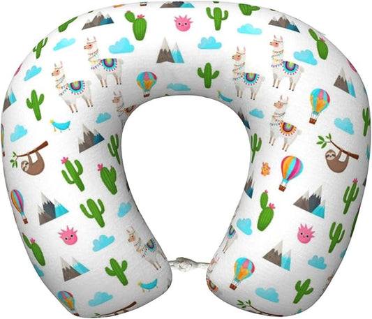 Travel Neck Pillows for Sleeping Rest Car Airplanes Sloth Llamas Cactus Pattern White, Memory Foam with Removable Breathable Zipper Cover Washable for Men Women