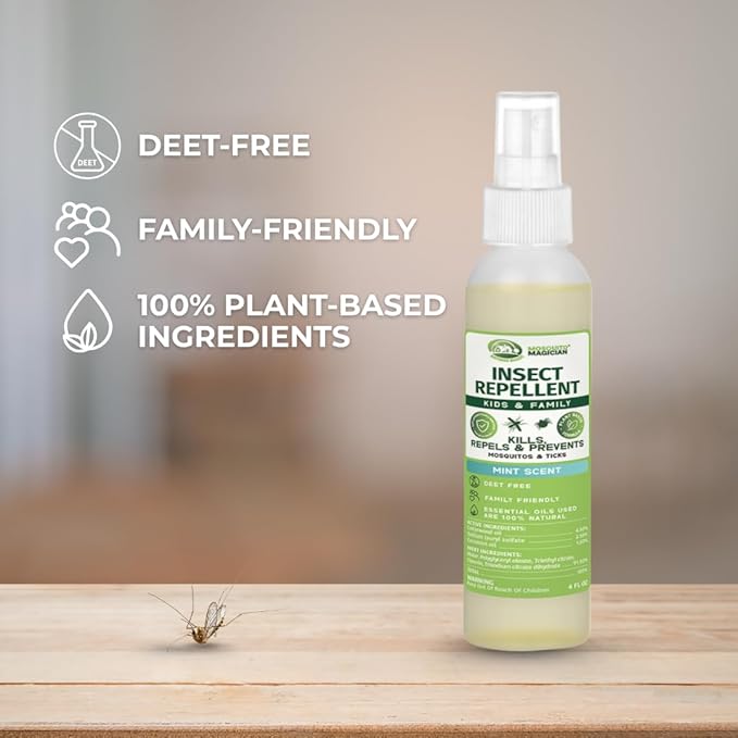 Mosquito Magician Natural Bug Spray for Body – Kid Safe Mosquito Repellent with Natural Essential Oils, Kills, Repels, & Prevent Travel Size Bug Spray for Kids & Family – Mint, 4 OZ