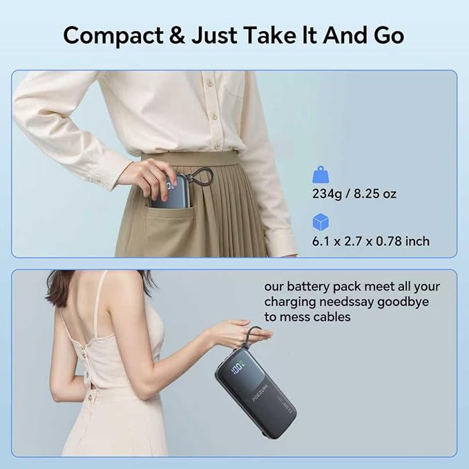 10000mAh Power Bank with a Built-in AC Wall Plug Led Display and Two Built-in Cables.USB-C Fast Charging Compatible with iPhone,Samsung,and Android Smartphones, Portable Charger with Travel.