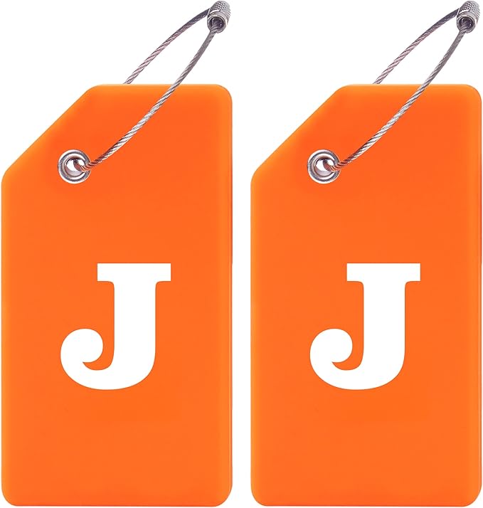 Gostwo 2 Pack Silicone Luggage Tags for Suitcases, 26 Initial Letter Baggage Labels Handbag School Bag Suitcase Instrument Tag with Stainless Steel Loop(Orange)(Letter J)