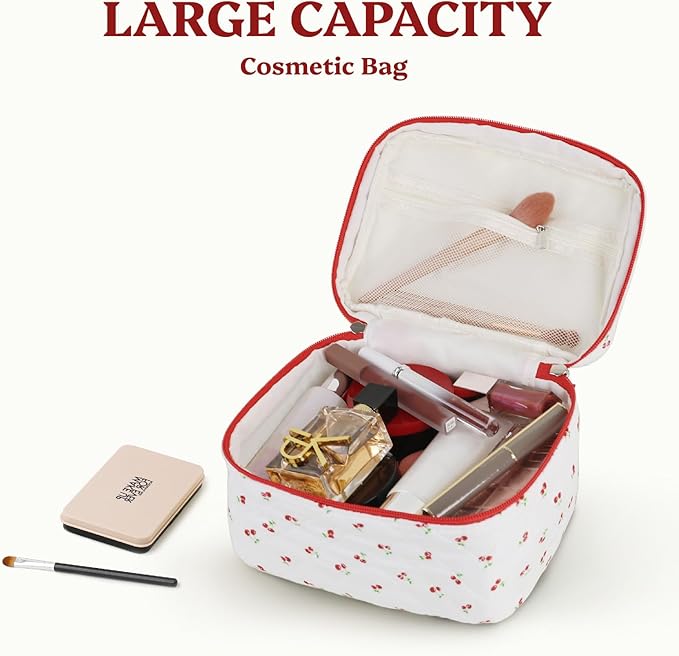 Prite Large Makeup Bag for Women Quilted Floral Cotton Cosmetic Bag Cute Coquette Aesthetic Floral Travel Toiletry Bag (Red Berries)