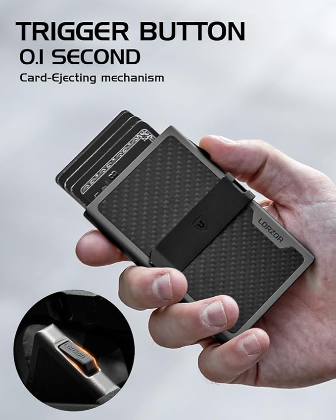 LORZOR Carbon Fiber Wallet for Men, 0.3IN Ultra-slim Minimalist Card Holder with Money Clip, Trigger Button for Quick Card Access, Ultra-light Aerospace Aluminum, RFID-Blocking, Gift Box