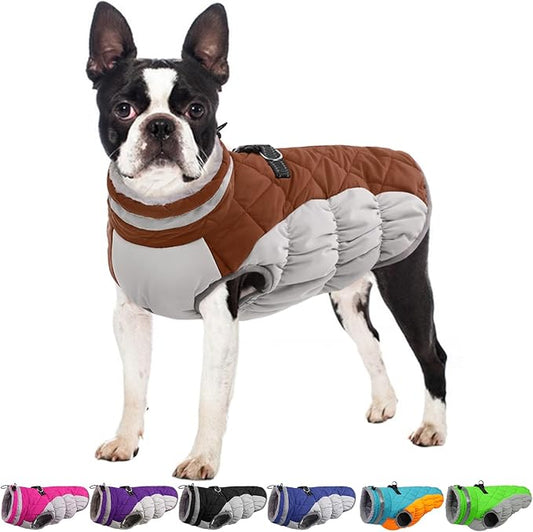 OUOBOB Winter Dog Coat,Large Dog Jacket,Waterproof Pet Jacket with Back Zipper,Pet Coat with Harness Built in,Warm Dogs Coat with Fleece Lined,Snow Jacket Clothes French Bulldog Shiba Inu,Brown,L