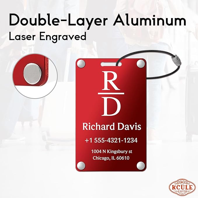 Personalized Luggage Tags for Suitcases - Monogram Style Aluminum Custom Luggage Tags for Backpacks & Bags, Sturdy, Waterproof & Heavy Duty (Red/Card-Sized)