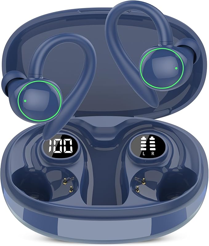 Wireless Earbuds, Bluetooth 5.4 Headphones Sport, Over Ear Buds With ENC Noise Cancelling Mic, 48H, Wireless Earphone With Earhooks, Stereo Deep Bass, IP7 Waterproof Headset for Workout Running, Blue