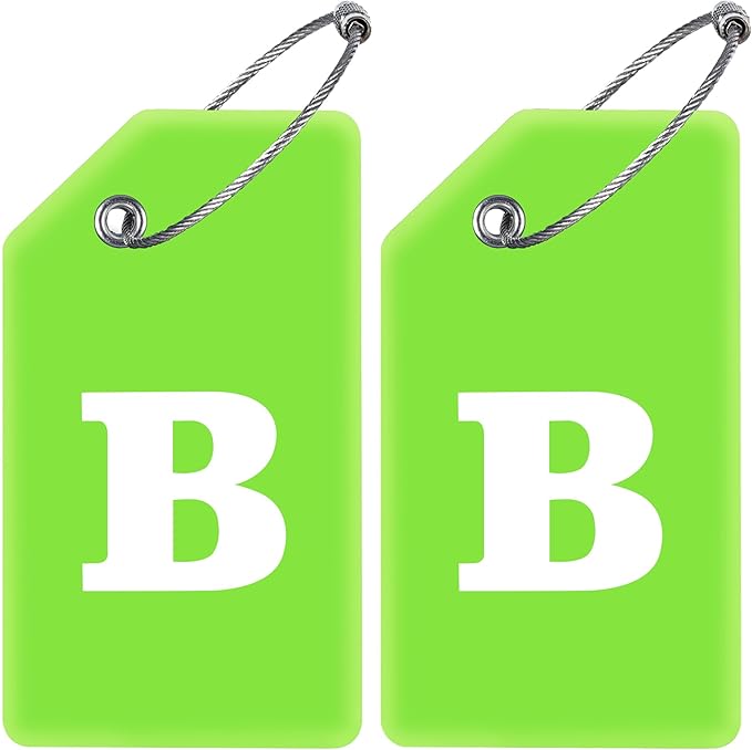 Gostwo 2 Pack Silicone Luggage Tags for Suitcases, 26 Initial Letter Baggage Labels Handbag School Bag Suitcase Instrument Tag with Stainless Steel Loop(Green)(Letter B)