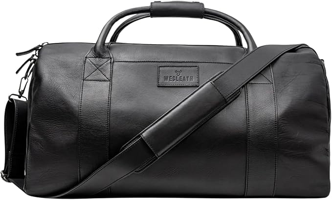 Full Grain Leather Duffle Bag – 40L Travel, Gym & Carry-On Weekender for Men | Handcrafted Overnight Bag with Brass Hardware, Black Style