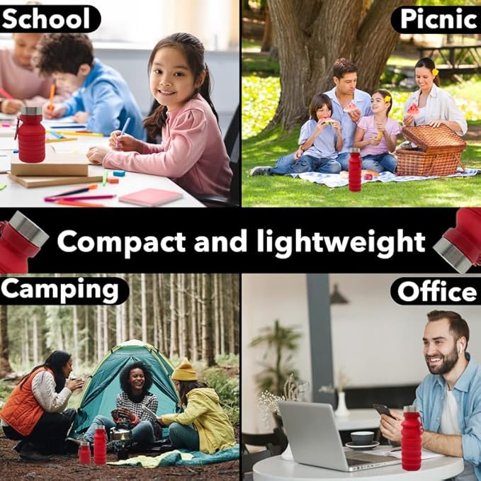 Collapsible Water Bottle (Red) Reusable, BPA Free, Silicone, Foldable Portable & Leak Proof - Water Bottles for Travel Gym Camping Hiking - Sports Water Bottle with Carabiner