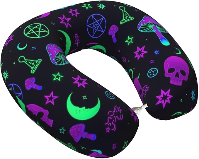Funny Neck Pillow Support for Car Flight Rest Witch Frogs Goth Moon Skull Mushroom, Memory Foam U Shaped Decor Head Cushion for Home Outdoors Travel