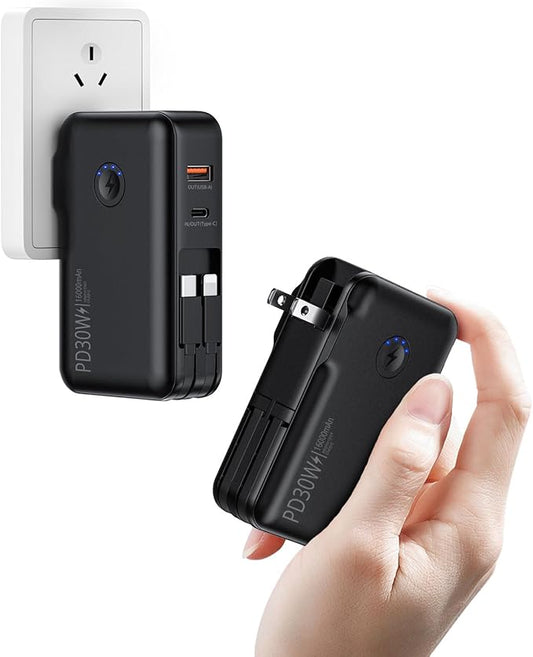 QiSa Portable Charger, Power Bank, 16000mAh Power Bank Built-in AC Wall Plug and Cables, PD 30W and QC4.0 Fast Charger for iPhone and Android Phones and Most Electronic Devices (Black)