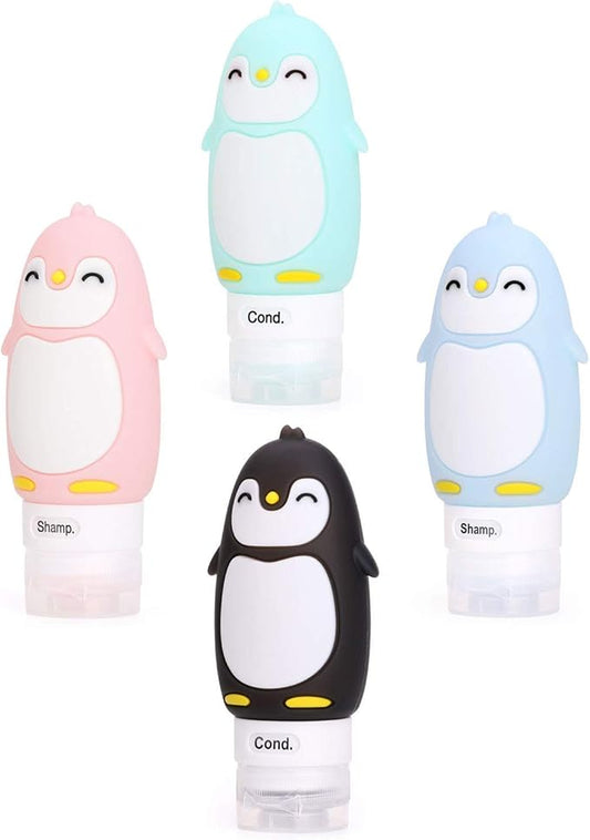 AUTENS Leakproof Silicone Travel Bottles Accessories Set,3oz (90ml) 4 Pack Refillable Cute Penguin Travel Containers for Shampoo,Lotion Sunscreen ect. - TSA Approved & BPA Free