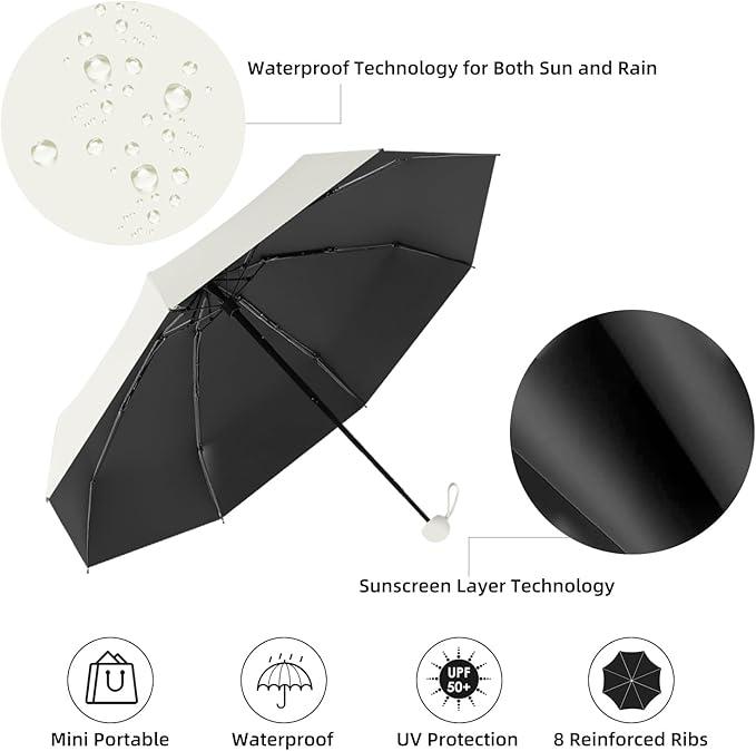 Travel Mini Compact Folding Umbrella with Case - UV Sun & Rain Protection, Lightweight Portable Pocket Umbrella for Women Men Kids, Fits Purse Backpack