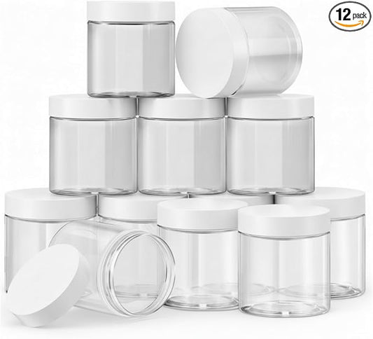SATINIOR 12 Pack 10 oz Plastic Container Jars with Lids Round Clear Travel Cosmetic Container Jars for Toiletries, Lotion, Cream, Ointments, Makeup, Rhinestone, Samples, Kitchen Storage(White)